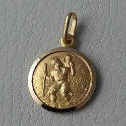 Imagen de San Cristóbal con Niño y bastón Medalla Sagrada Colgante redonda Acuñación gr 2,5 Oro amarillo 18kt con borde liso para Hombre 