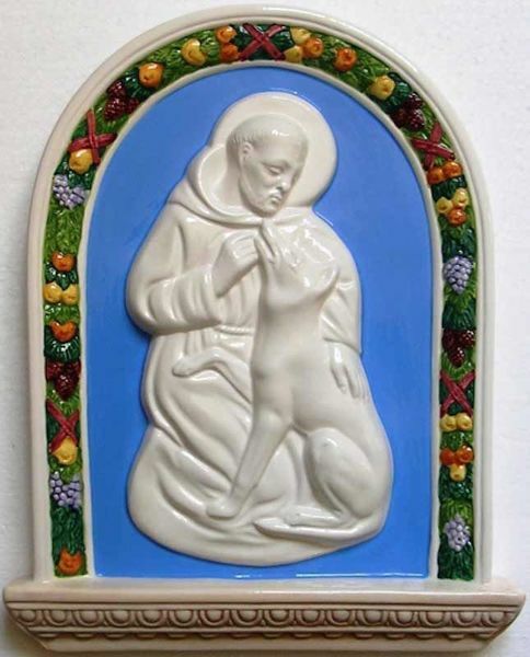 Immagine di San Francesco e il Lupo Pala da Muro cm 33x26 (13x10,2 in) Bassorilievo Ceramica Robbiana