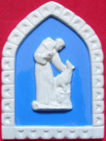 Picture of St. Francis and the Wolf Wall Panel cm 19x13 (7,5x5,1 in) Bas relief Glazed Ceramic Della Robbia