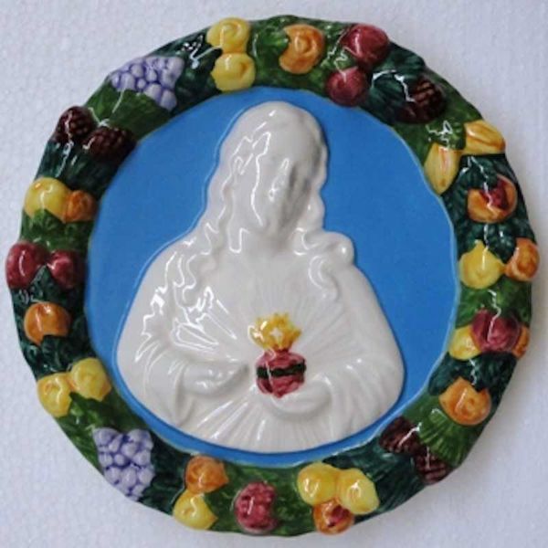 Immagine di Sacro Cuore di Gesù Tondo da Muro diam. cm 18 (7,1 in) Bassorilievo Ceramica Robbiana