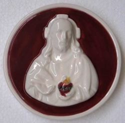 Immagine di Sacro Cuore di Gesù Rosso Tondo da Muro diam. cm 12 (4,7 in) Bassorilievo Ceramica Robbiana