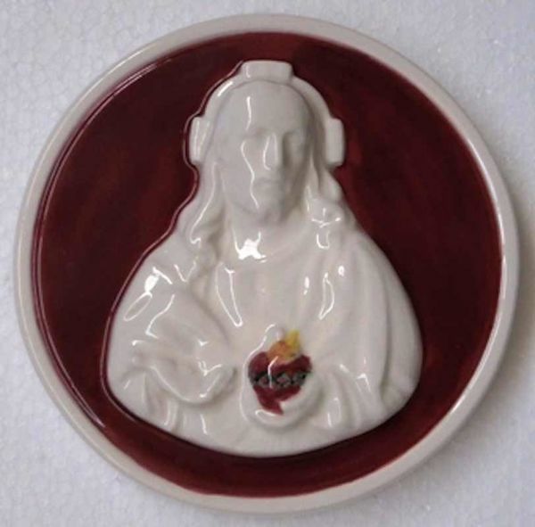 Imagen de Sagrado Corazón de Jesús Rojo Tondo de pared diám. cm 12 (4,7 in) Bajorrelieve Cerámica Della Robbia