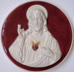 Immagine di Sacro Cuore di Gesù Rosso Tondo da Muro diam. cm 28 (11 in) Bassorilievo Ceramica Robbiana