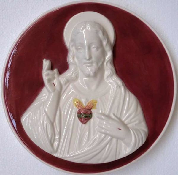 Picture of Sacred heart of Jesus Red Wall Tondo diam. cm 28 (11 in) Bas relief Glazed Ceramic Della Robbia