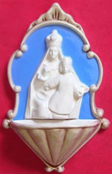 Picture of Our Lady Crowned Holy Water Stoup cm 20 (7,9 in) Bas relief Glazed Ceramic Della Robbia