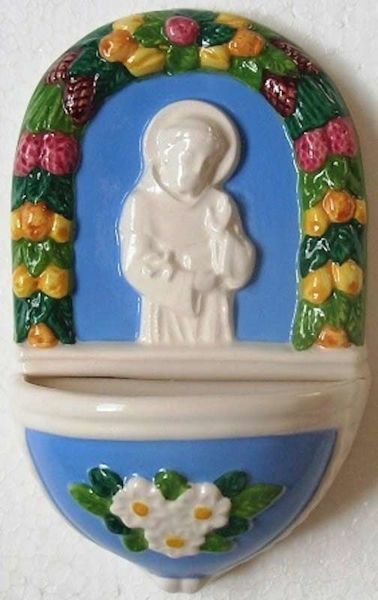 Picture of St. Francis of Assisi Holy Water Stoup cm 15 (5,9 in) Bas relief Glazed Ceramic Della Robbia