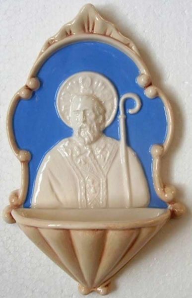 Picture of St. Nicholas Holy Water Stoup cm 20 (7,9 in) Bas relief Glazed Ceramic Della Robbia