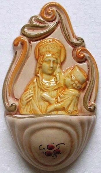 Immagine di Beata Vergine con Bambino e fiori Acquasantiera 14 cm ceramica Deruta