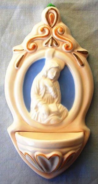 Imagen de Virgen Anunciación Pila de Agua Bendita cm 22 (8,7 in) Cerámica vidriada Benditera pintada a mano