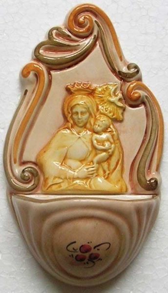 Immagine di Madonna con Bambino Acquasantiera cm 14 (5,5 in) Ceramica invetriata dipinta a mano