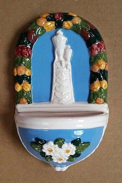 Imagen de Nuestra Señora de Loreto y flores Pila de Agua Bendita cm 15 (5,9 in) Cerámica vidriada Benditera pintada a mano