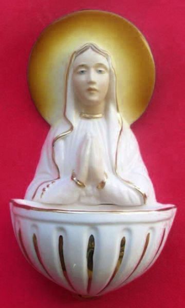 Imagen de Virgen orante Pila de Agua Bendita cm 15 (5,9 in) Cerámica vidriada Benditera pintada hilo de oro