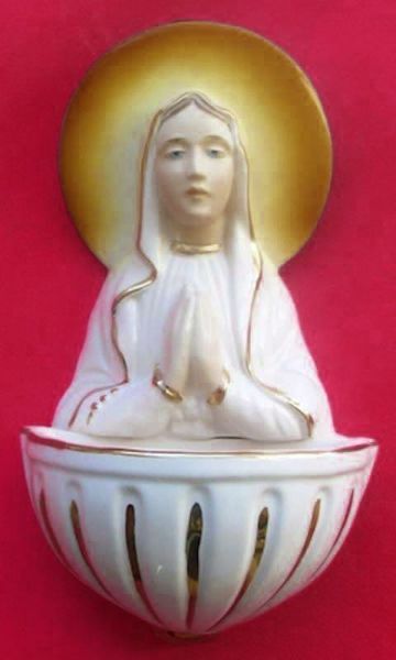 Immagine di Madonna in preghiera Acquasantiera 15 cm ceramica Deruta filo oro