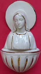 Immagine di Madonna Miracolosa Acquasantiera cm 15 (5,9 in) Ceramica invetriata Bianca filo Oro