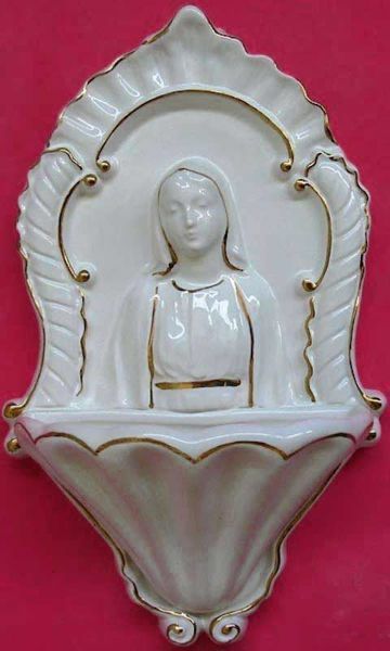 Immagine di Madonna Miracolosa Acquasantiera cm 26 (10,2 in) Ceramica invetriata Bianca filo Oro