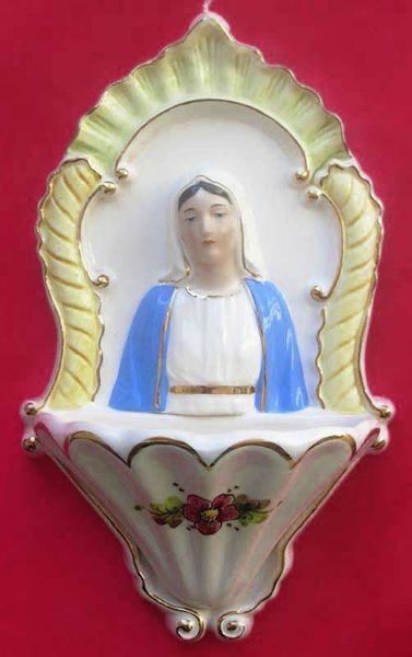 Immagine di Madonna Miracolosa Acquasantiera 26 cm ceramica Deruta filo oro