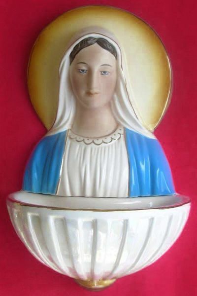 Immagine di Madonna Miracolosa Acquasantiera cm 34 (13,4 in) Ceramica invetriata Colorata filo Oro
