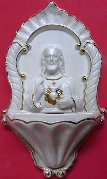 Immagine di Sacro Cuore di Gesù Acquasantiera 26 cm ceramica Deruta bianca oro
