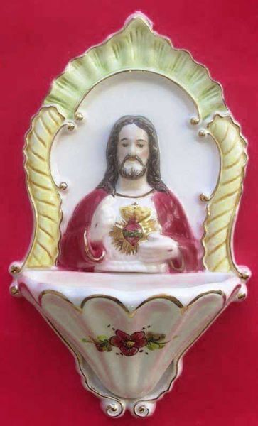 Immagine di Sacro Cuore di Gesù Acquasantiera 26 cm ceramica Deruta filo oro