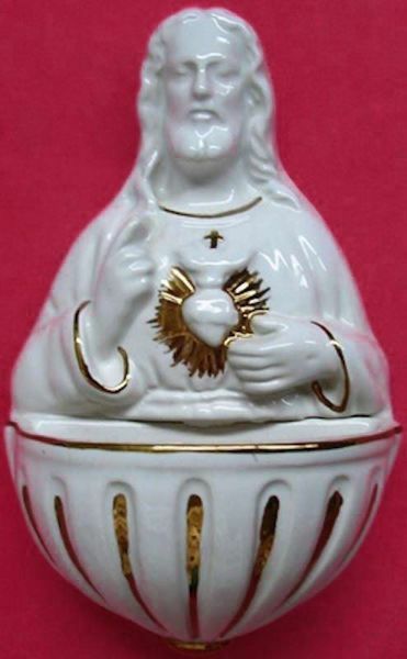 Immagine di Sacro Cuore di Gesù Acquasantiera cm 15 (5,9 in) Ceramica invetriata Bianca filo Oro