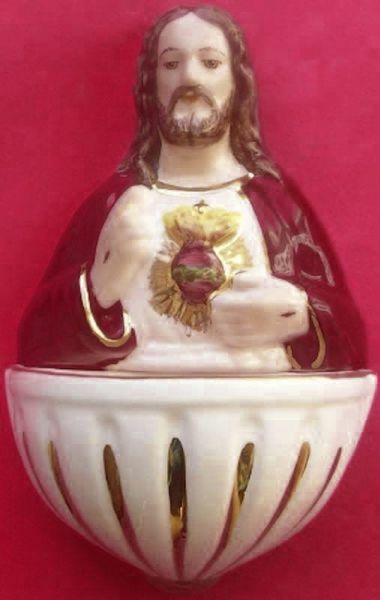 Imagen de Sagrado Corazón de Jesús Pila de Agua Bendita cm 15 (5,9 in) Cerámica vidriada Benditera pintada hilo de oro