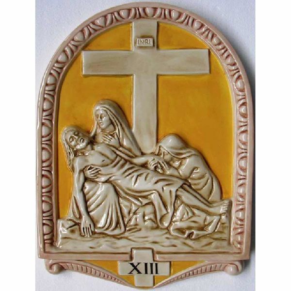 Picture of Via Crucis 14 or 15 Stations cm 50x36 (19,7x14,2 in) Bas relief Panels Glazed Ceramic Della Robbia Yellow Way of the Cross