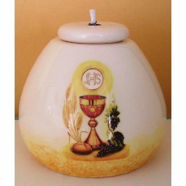 Picture of Set 4 Liquid Wax Lanterns First Communion cm 8x8 (3,1x3,1 in) Chalice JHS Symbol Ceramic Oil Lamps