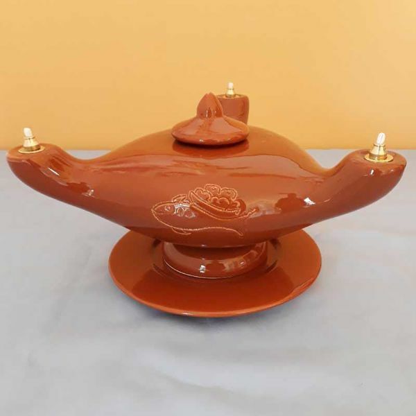 Picture of Liquid Wax Votive Lantern cm 25x10 (9,8x3,9 in) Loaves and Fish Ceramic Oil Lamp 3 Flames