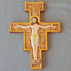 Immagine di Crocifisso da Parete Croce San Damiano cm 36x28 (14,2x11 in) in Ceramica di Deruta (Italia) 