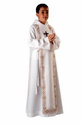Picture of First Communion Alb boys girls with hood golden Trim Scapular Polyester Tunic