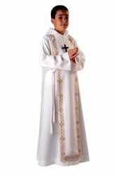 Picture of First Communion Alb boys girls with hood golden Trim Scapular Polyester Tunic