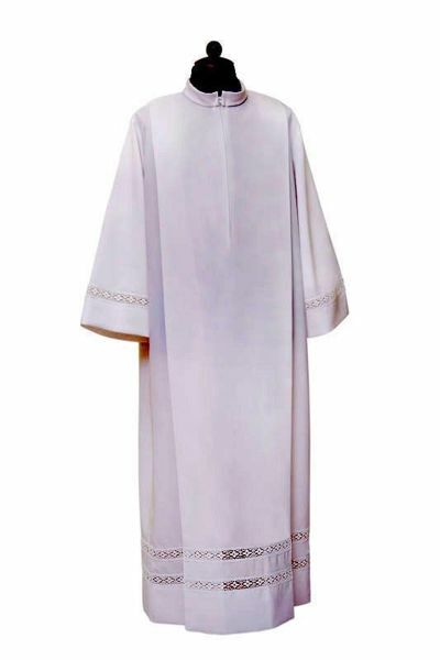 Immagine di Camice Sacerdotale bianco piegoni e Pizzo di cotone in misto Cotone Tunica liturgica