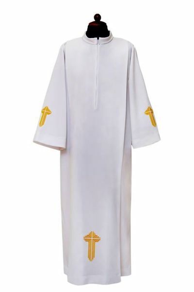 Picture of Priestly Alb with folds and embroidered Cross Cotton blend Liturgical Tunic