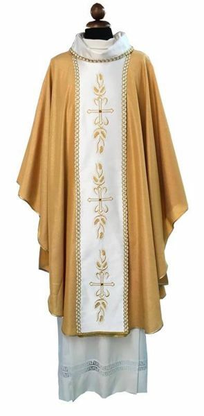 Picture of Gold Chasuble | Roll collar | Orphrey, colored stones | Embroidery | Wool blend
