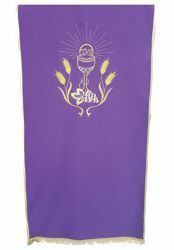 Picture of Church Lectern Cover embroidered Chalice Corn Grapes cm 250x50 (98,4x19,7 inch) Polyester Ivory white Violet Red Green