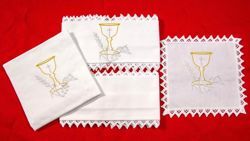 Immagine di Servizio Messa ricamato Calice puro Lino Bianco Set Completo Biancheria Altare