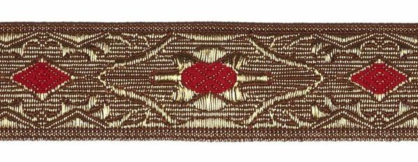 Picture of Galloon Liserè antique Gold geometricoH. cm 3,5 (1,4 inch) Polyester and Acetate Fabric Brown Bordeaux Red Light Beige Light blue Ancient Rose Green Water Mustard Yellow Trim Orphrey Banding for liturgical Vestments 