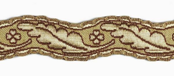 Picture of Galloon Column and Four-leaf clover H. cm 3 (1,2 inch) Metallic thread Fabric high content of Gold Bordeaux Trim Orphrey Banding for liturgical Vestments 