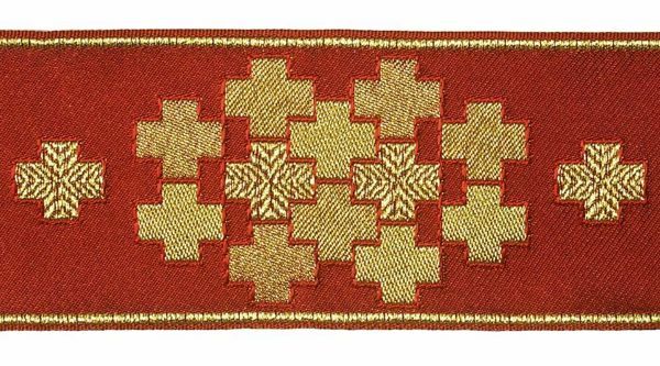 Picture of Galloon Golden Thread Modular crosses H. cm 9 (3,5 inch) Polyester and Acetate Fabric Yellow White Yellow Red Crimson White Gold White Pink Antique Gold Trim Orphrey Banding for liturgical Vestments 