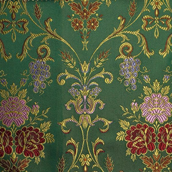 Picture of Flowery Lampas (Lampasso) Garden H. cm 160 (63 inch) Acetate Polyester Fabric Red Green Flag Gold Pink for liturgical Vestments