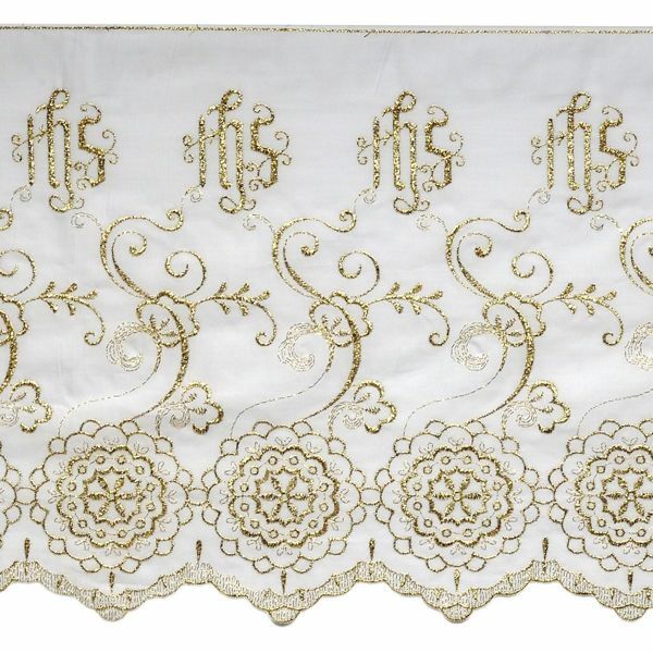 Imagen de Encaje Rosetón H. cm 27 (10,6 inch) Algodón puro Oro Brillante Blanco/Oro Puntilla Bolillo Bordado para Vestiduras litúrgicas