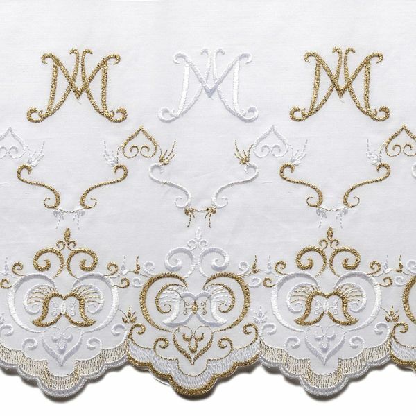 Picture of Embroidered Marian Lace H. cm 27 (10,6 inch) Pure Cotton Brilliant Gold White Gold Lacework Edging for liturgical Vestments 