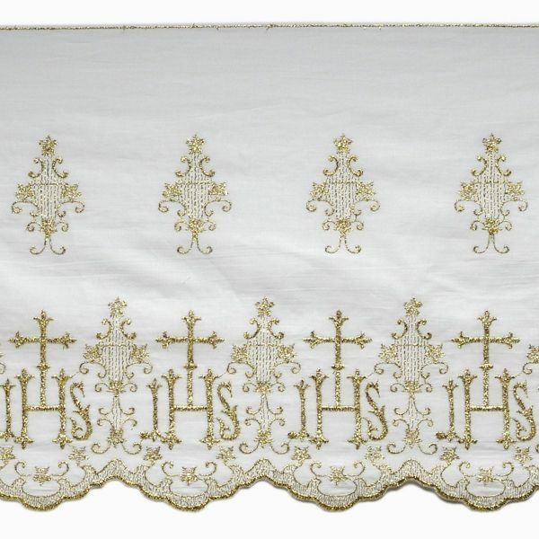 Imagen de Encaje Símbolo JHS H. cm 27 (10,6 inch) Algodón puro Oro Brillante Blanco/Oro Puntilla Bolillo Bordado para Vestiduras litúrgicas