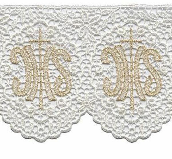 Picture of Crochet lace JHS symbol H. cm 12 (4,7 inch) Viscose and Polyester Ivory/Gold Lacework Edging for liturgical Vestments 