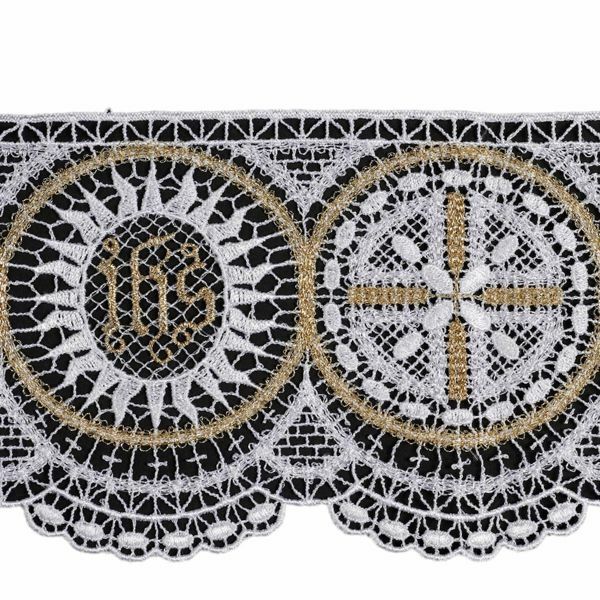 Immagine di Pizzo filet per tovaglia d'altare Rosone JHS smerlo H. 10 cm