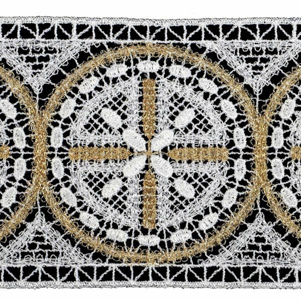 Picture of Fillet Dot Lace Rosette H. cm 10 (3,9 inch) Viscose and Polyester White/Gold Lacework Edging for liturgical Vestments 