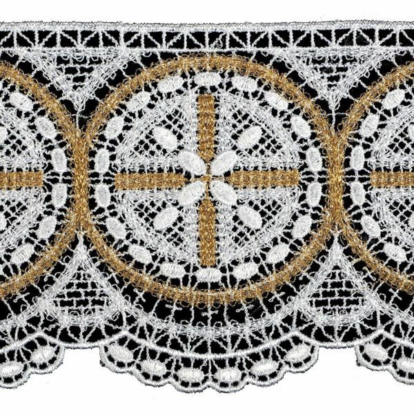 Picture of Filet crochet lace Rosette H. cm 10 (3,9 inch) Viscose and Polyester White/Gold Lacework Edging for liturgical Vestments 