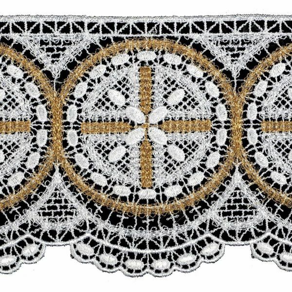 Immagine di Pizzo filet per tovaglia d'altare Rosone H. 10 cm bianco/oro