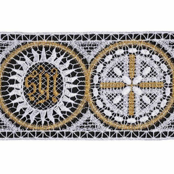 Picture of Fillet Dot Lace JHS symbol H. cm 10 (3,9 inch) Viscose and Polyester White White/Gold Lacework Edging for liturgical Vestments 