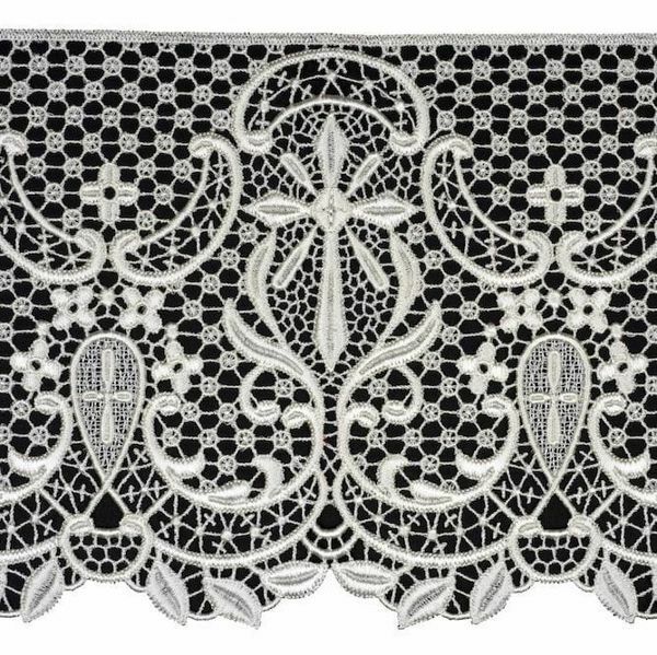 Picture of Macramè Lace Cross H. cm 22 (8,7 inch) Viscose and Polyester Ivory White Lacework Edging for liturgical Vestments 